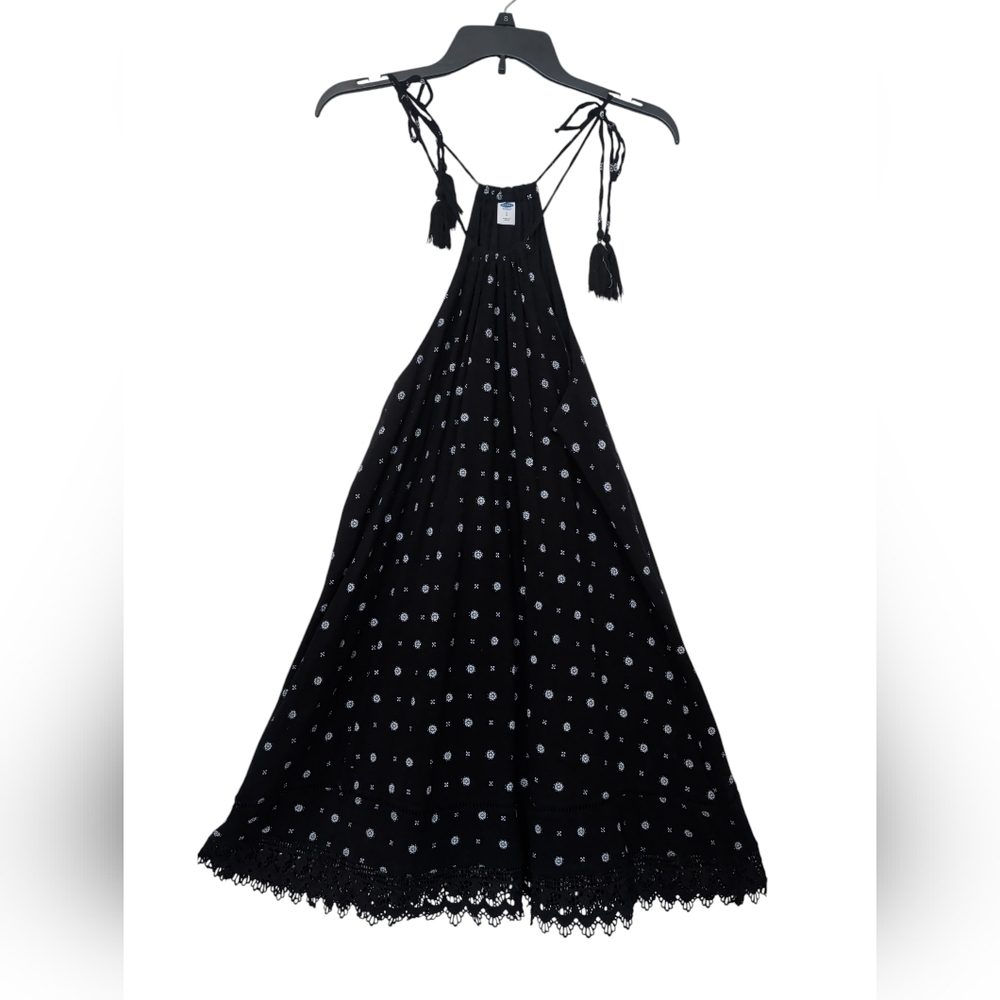 OLD NAVY L BLACK & WHITE GEO PRINT SHOULDER TASSEL TANK TIE MIDI CROCHET DRESS